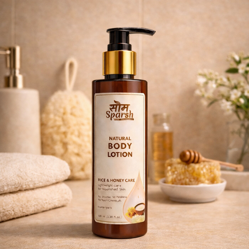 Lightweight Som Sparsh body lotion with rice water and honey in a bottle, showcasing creamy texture and natural ingredients.