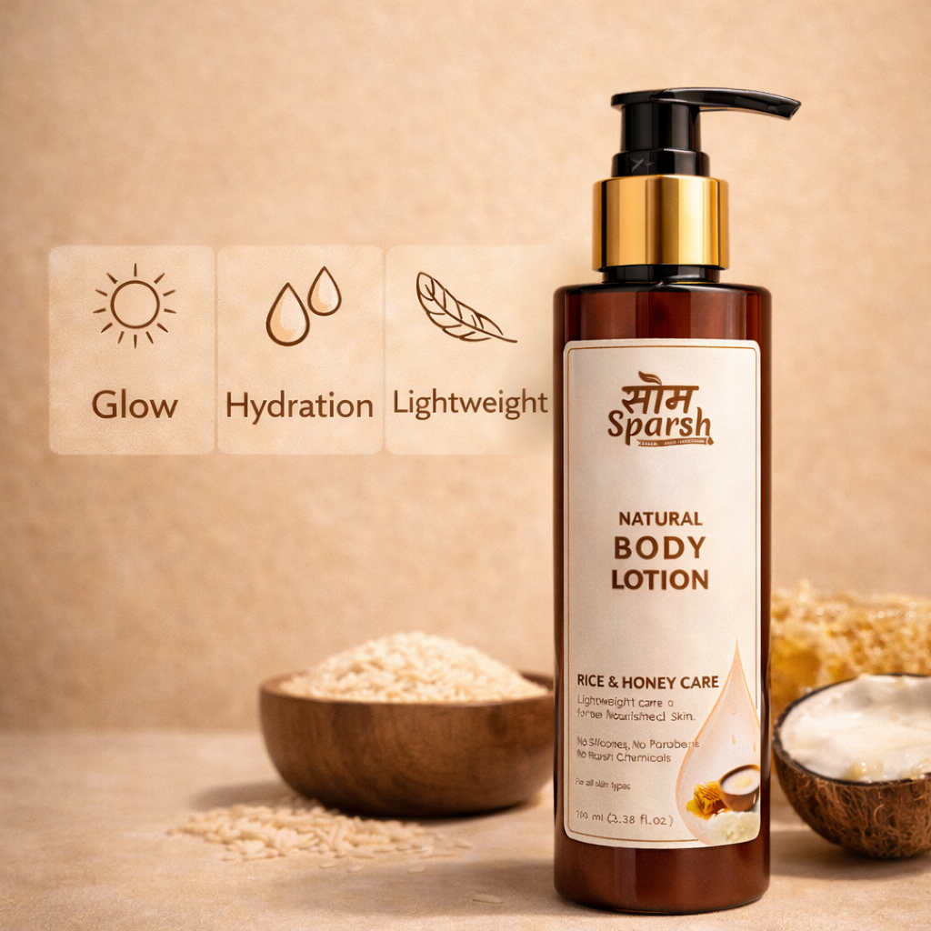 Lightweight Som Sparsh body lotion with rice water and honey, showcasing creamy texture and nourishing ingredients.