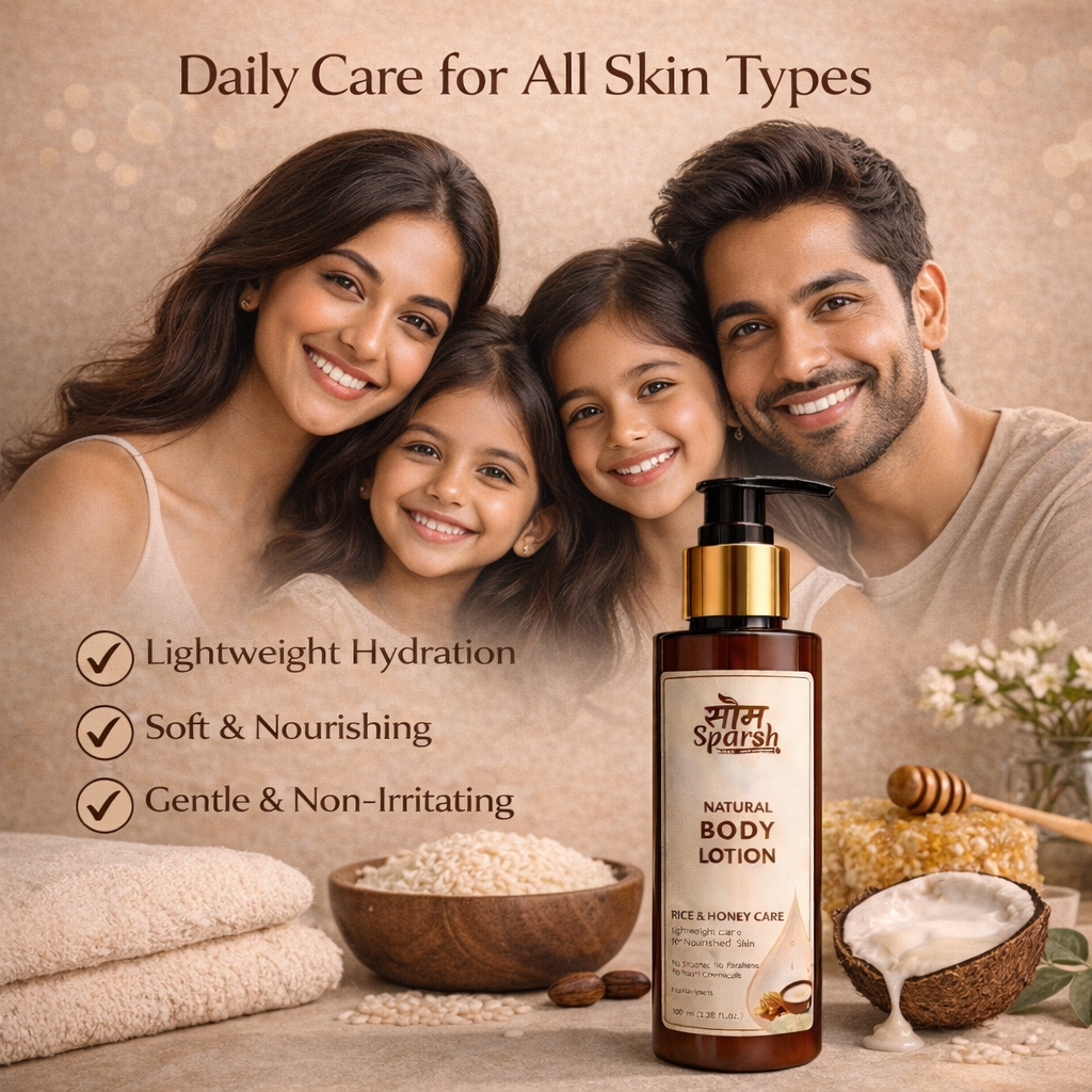 Lightweight Som Sparsh natural body lotion with rice water and honey in a bottle for daily skin care routine.