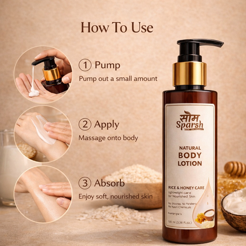 Natural body lotion with rice water and honey in a bottle, showcasing lightweight skin care by Som Sparsh.