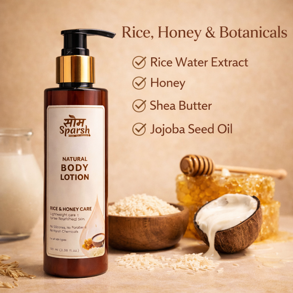 Natural body lotion with rice water and honey, showcasing lightweight skin care ingredients by Som Sparsh.