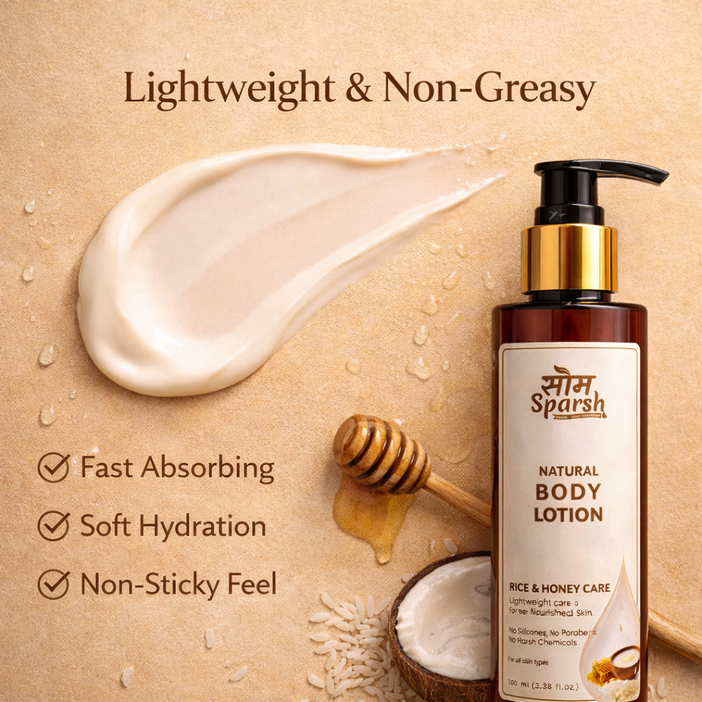 Lightweight natural body lotion with rice water and honey in a sleek bottle by Som Sparsh for hydrated skin care.