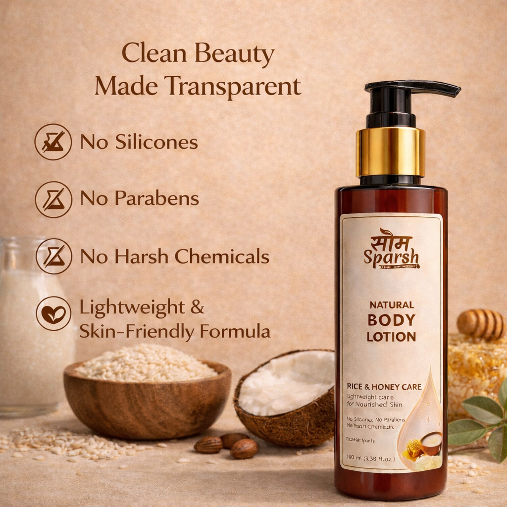 Lightweight natural body lotion with rice water and honey by Som Sparsh, showcasing a smooth, creamy texture.