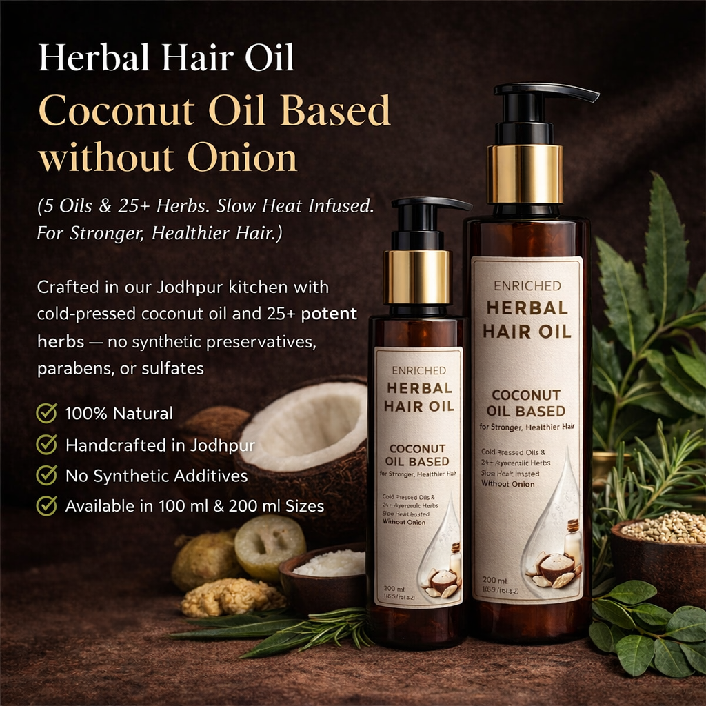 Coconut oil-based herbal hair oil by Som Sparsh, infused with 5 oils and 25+ herbs for healthier, stronger hair.