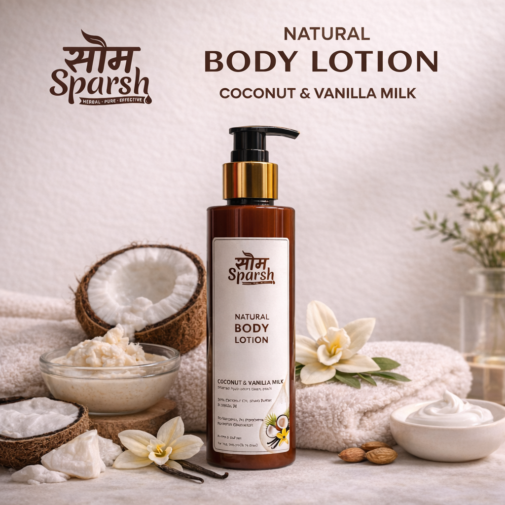Som Sparsh Coconut & Vanilla Milk Body Lotion bottle with creamy texture, showcasing deep hydration for soft skin.