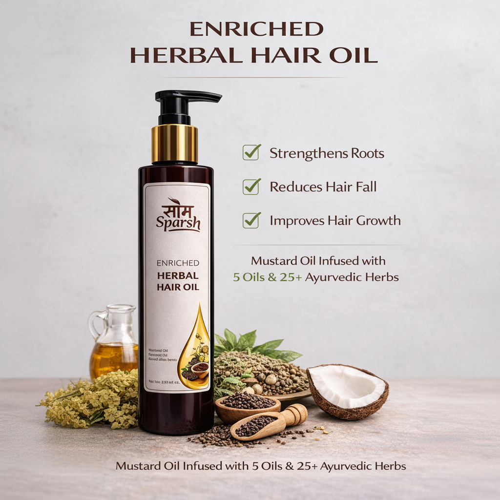 Som Sparsh Herbal Hair Oil in a bottle, showcasing coconut oil and herbs for stronger, healthier hair.