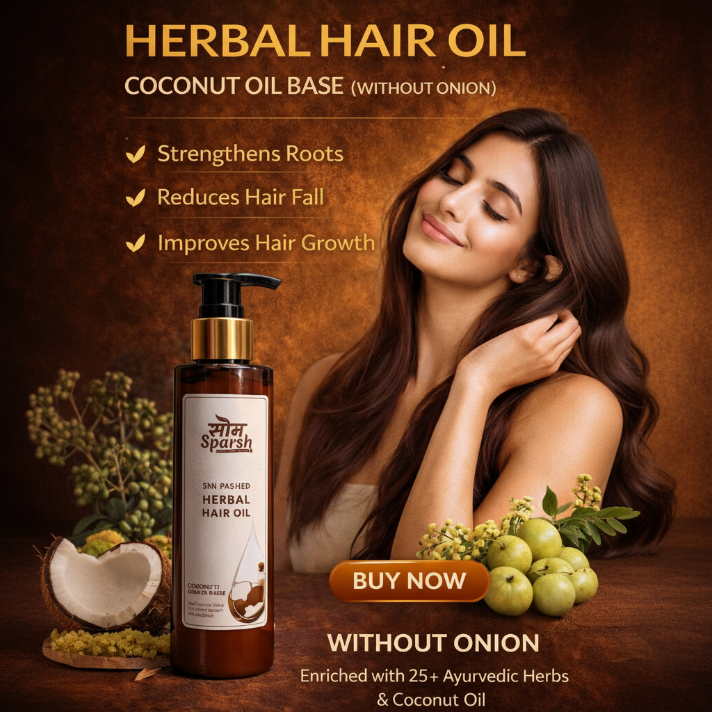 Som Sparsh Herbal Hair Oil in a bottle, showcasing a coconut oil blend with herbs for stronger, healthier hair.