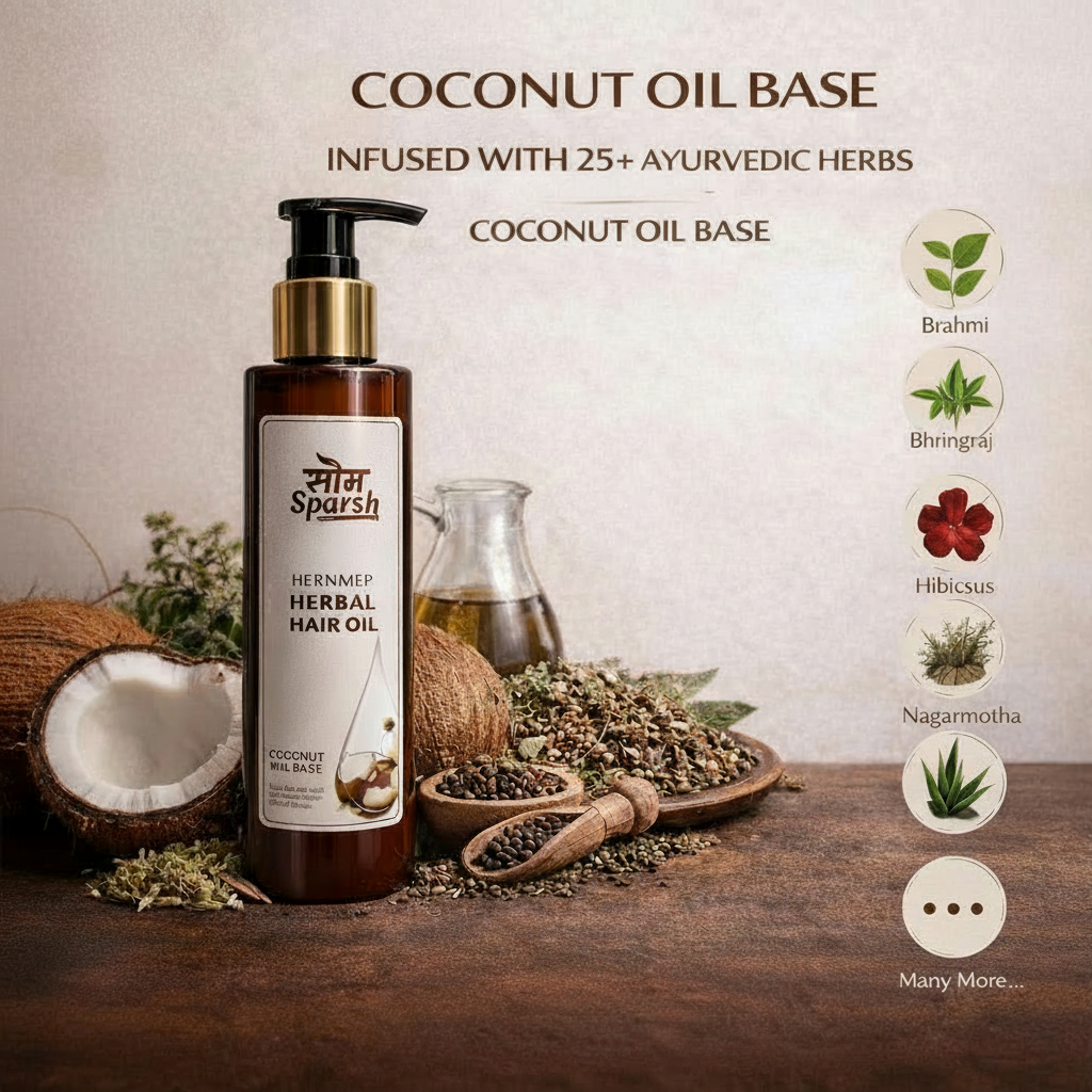 Som Sparsh Herbal Hair Oil in a bottle, featuring a coconut oil base infused with 25+ herbs for healthier hair.