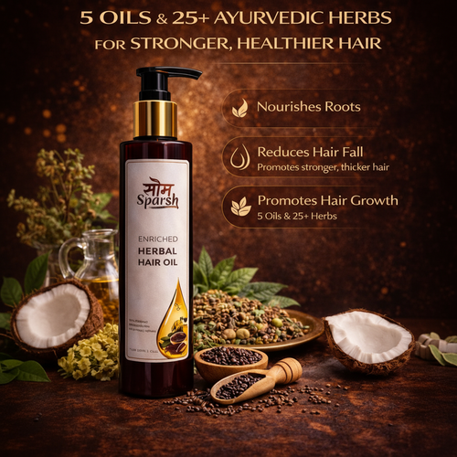 Som Sparsh Herbal Hair Oil with mustard oil, enriched with 5 oils and 25+ herbs for stronger, healthier hair.