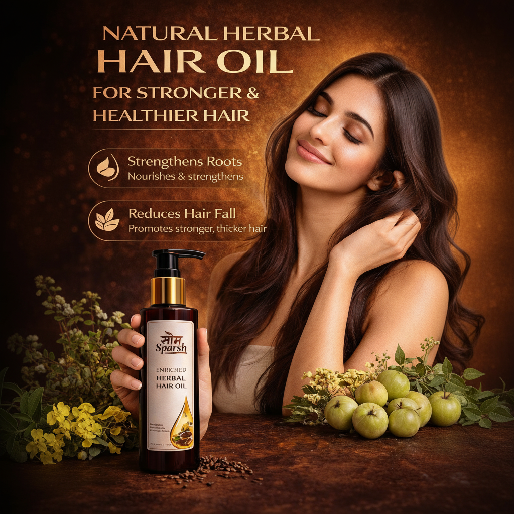 Som Sparsh Herbal Hair Oil in a bottle, showcasing mustard oil and herbs for stronger, healthier hair.